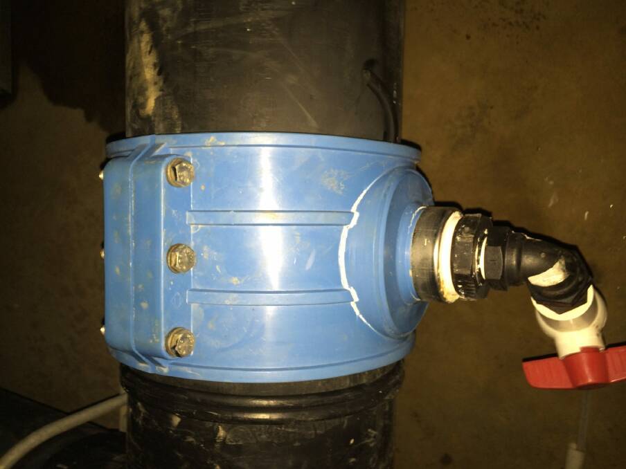 CCMJ Split Valve: the blue saddle has caused extensive flooding in the Captain Cook Jet pump house. Photo: Supplied