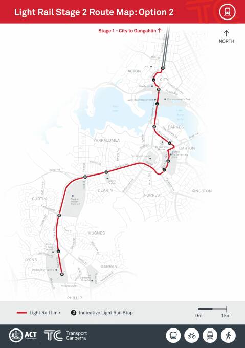 The ACT government's preferred route for light rail stage two. Photo: Supplied