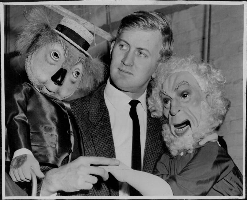 Norman Lindsay with two of the original puppets made by Peter Scriven in 1960. Photo: Fairfax Media 