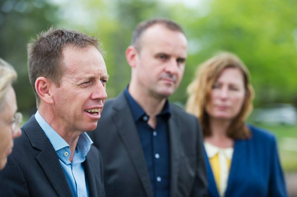 Greens leader Shane Rattenbury with ACT chief minister Andrew Barr and deputy chief minister Yvette Berry. Photo: Jay Cronan