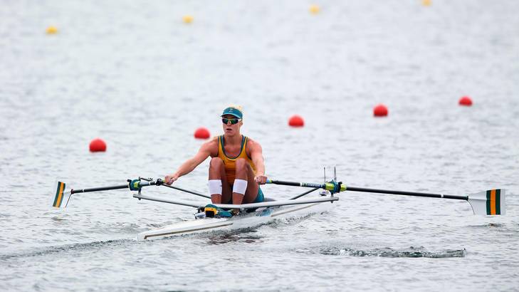Kim Crow competes in the women's single sculls in London. Photo: Michael Steele