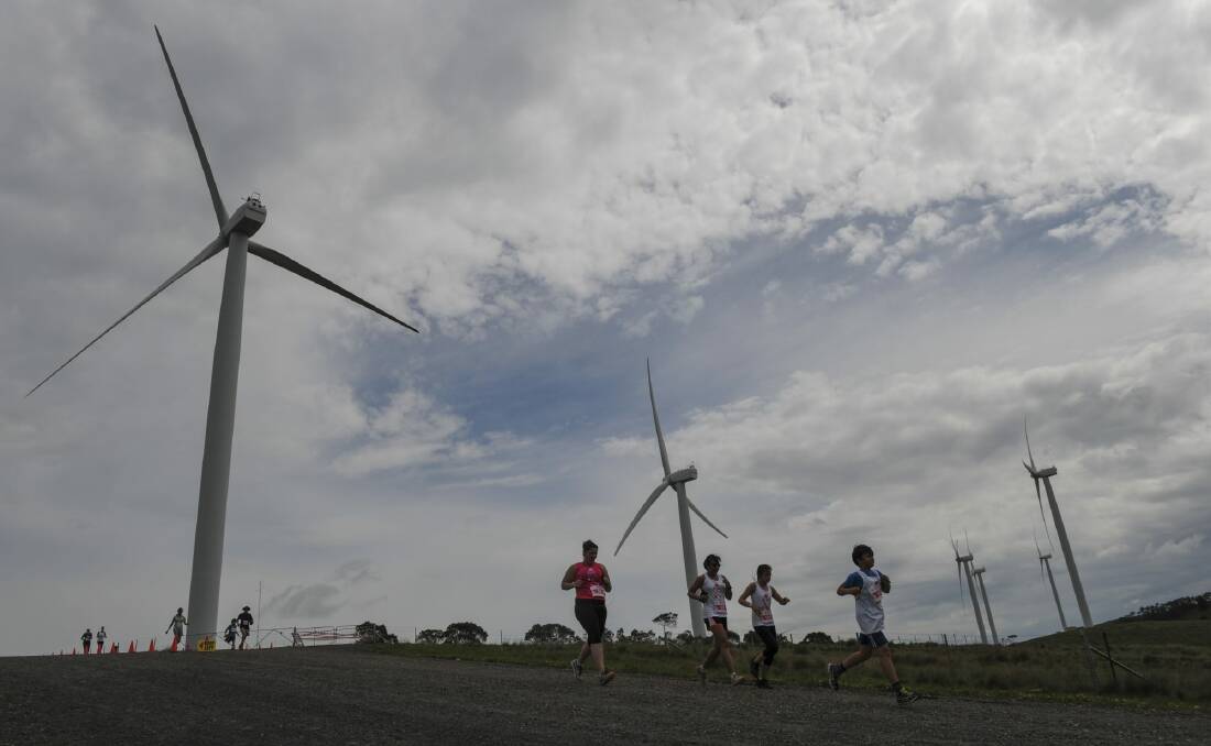 Runners beneath the turbines of the Woodlawn Wind Farm near Tarago on Sunday.  Photo: Graham Tidy
