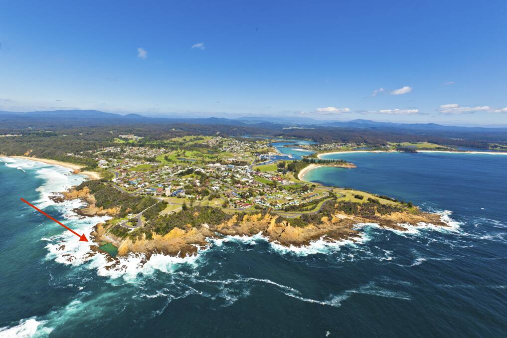 Tucked away under imposing cliffs, Bermagui’s Blue Pools (bottom left) are a haven for families on a summer’s day. Photo: Supplied