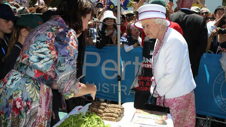 Her Majesty The Queen chats with celebrity chef Anna Gare at the Big Aussie BBQ. Photo: Murty Colin