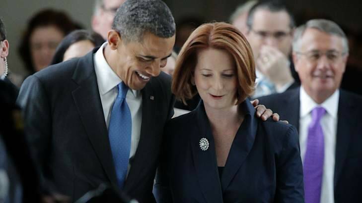 No more Mr Nice Guy: Barack Obama uses words to define his purpose and his chosen path, and to define and fight his enemies. Julia Gillard is much more - much too - cautious. Photo: Alex Ellinghausen