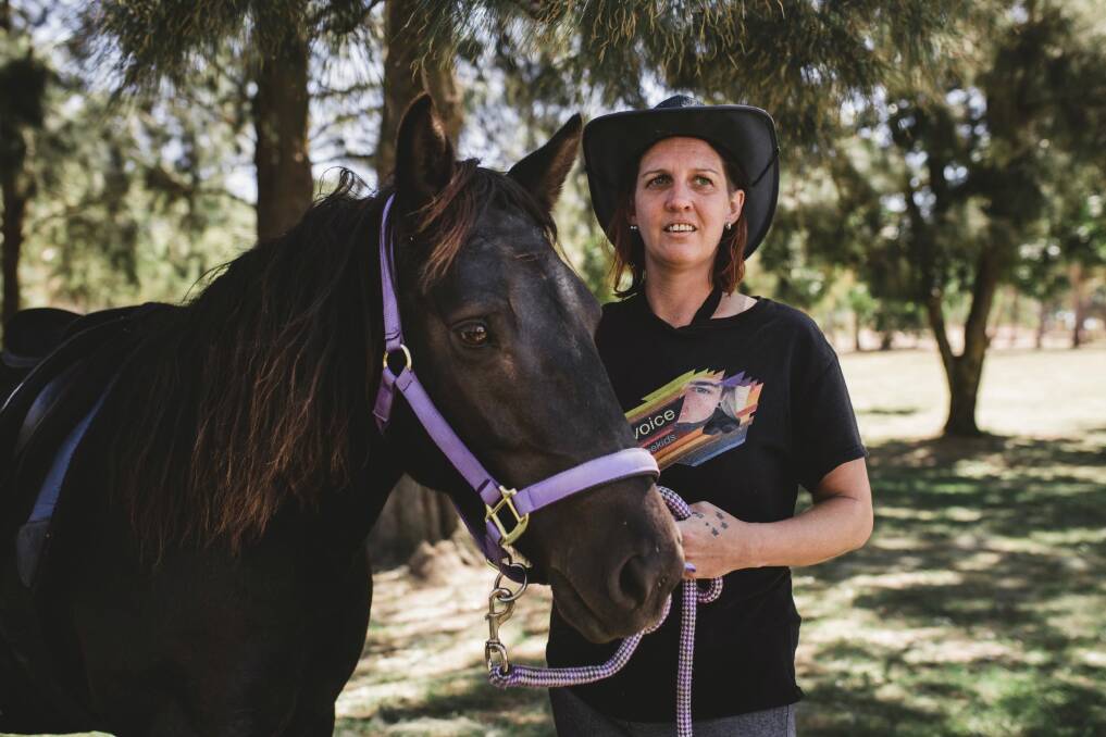 Katherine Oakey, mother of Jakob Oakey who passed away in 2016. Katherine is with Jakob's horse Sabira.  Photo: Jamila Toderas