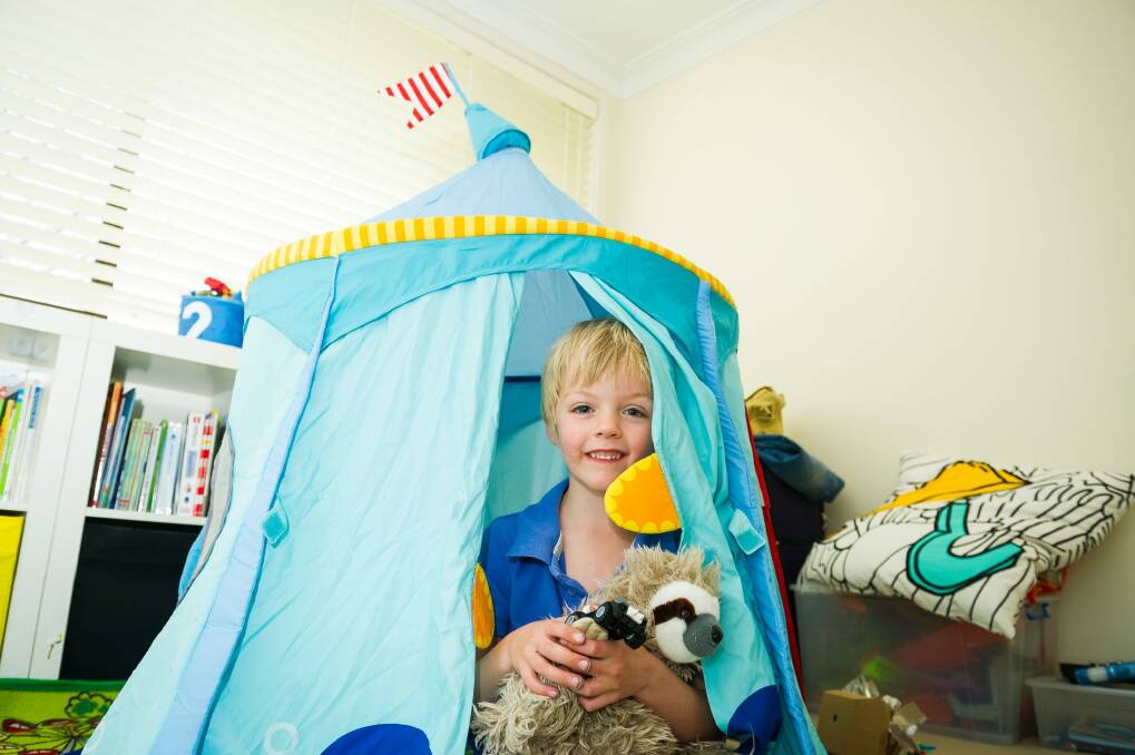 Elliot Cameron 6 showing off his little play castle. Photo: Dion Georgopoulos Photo: Dion Georgopoulos