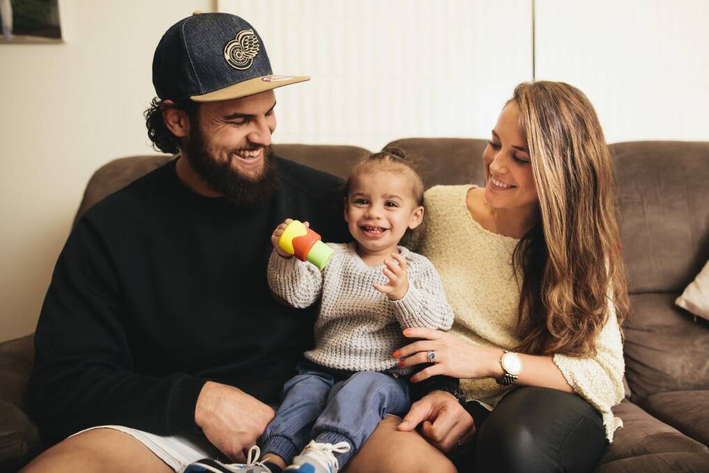 Brumbies forward Jordan Smiler with son Keanu and wife Stacey. Photo: Rohan Thomson