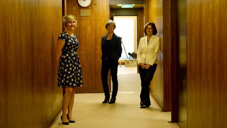 Behind the scenes: Kate Conner, curator Gabrielle Edwards and director Daryl Karp at the Beyond the Veneer exhibition at Old Parliament House. Photo: Jay Cronan