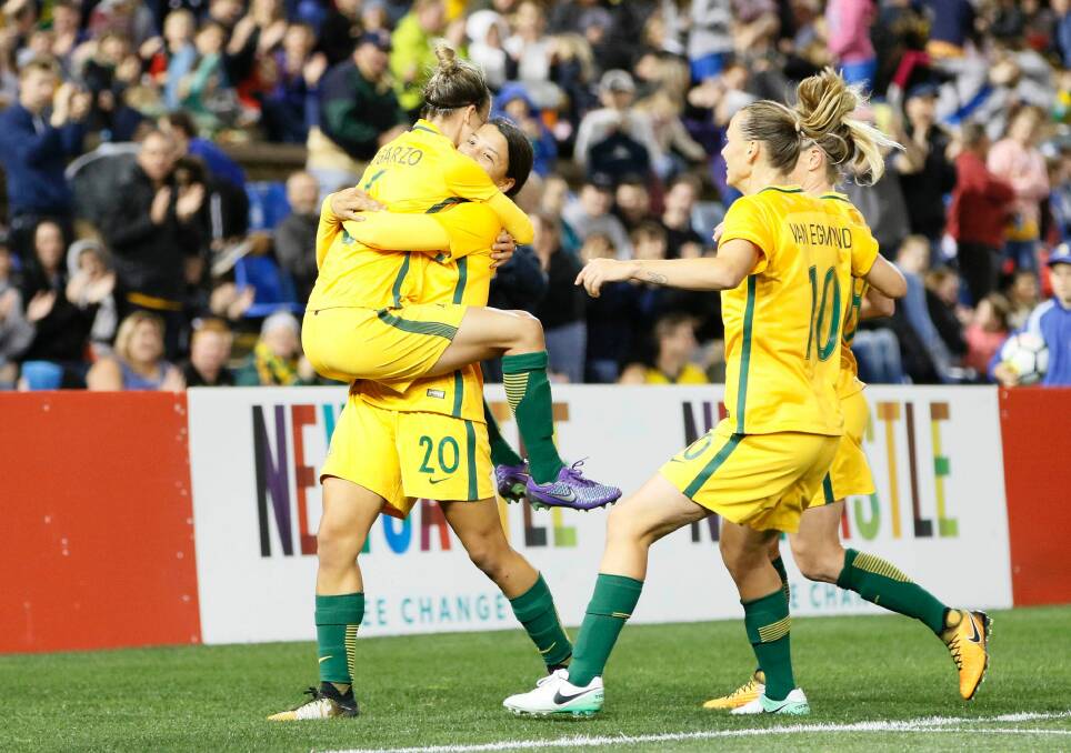 The Matildas celebrate Sam Kerr's second-half goal against Brazil on Tuesday night. Photo: AAP
