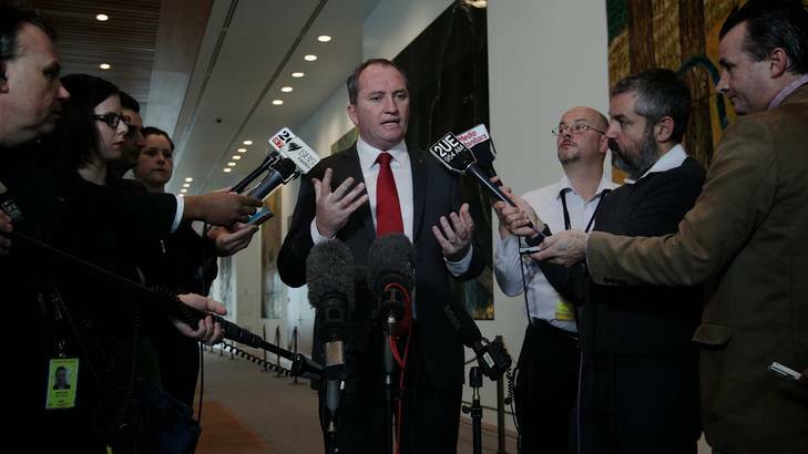 National Party leader in the Senate Barnaby Joyce holds a press conference on Cubbie Station in Parliament House yesterday. Photo: Alex Ellinghausen/Fairfax