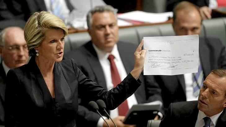 Julie Bishop asks a question of the Prime Minister in question time. Photo: Andrew Meares
