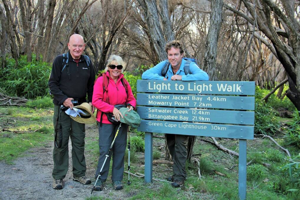 Tim the Yowie Man, right, joins Des and Kerry Cleary at the start of the 31km Light to Light trek. Photo: Jenny Robb