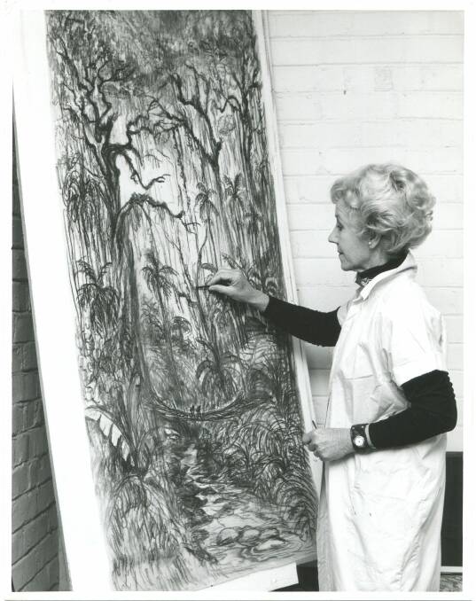 Elizabeth Durack and a panel from her work in Papua New Guinea during the 1960s. Photo: Supplied