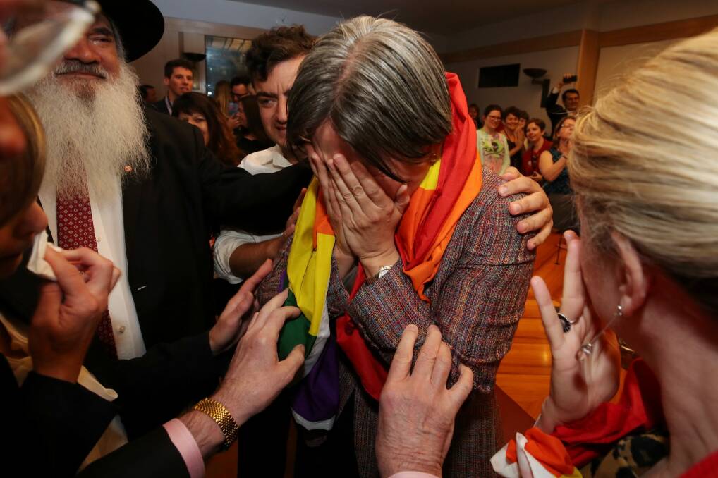 Penny Wong after the same-sex marriage result is announced at Parliament House. Photo: Andrew Meares