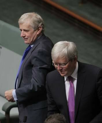 Simon Crean, with former PM Kevin Rudd, has said the latest poll results are a wake-up call for Labor. Photo: Andrew Meares
