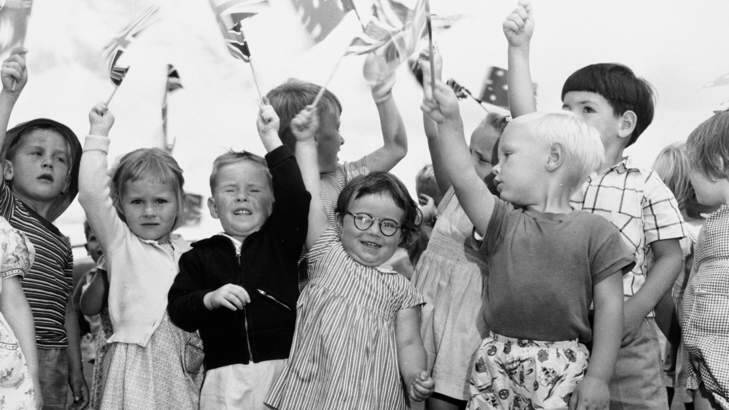 Canberra kids greeting the Queen at the airport in February 1954. Photo: Courtesy of National Archives.