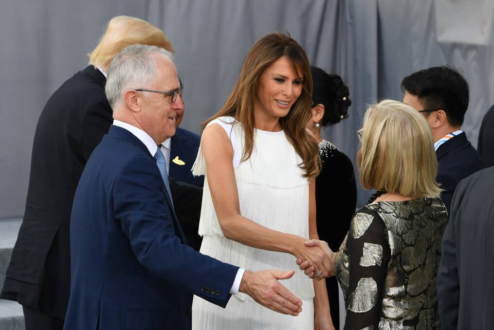 Malcolm Turnbull and his wife Lucy greet US First Lady Melania Trump during the G20 summit. Photo: LUKAS COCH