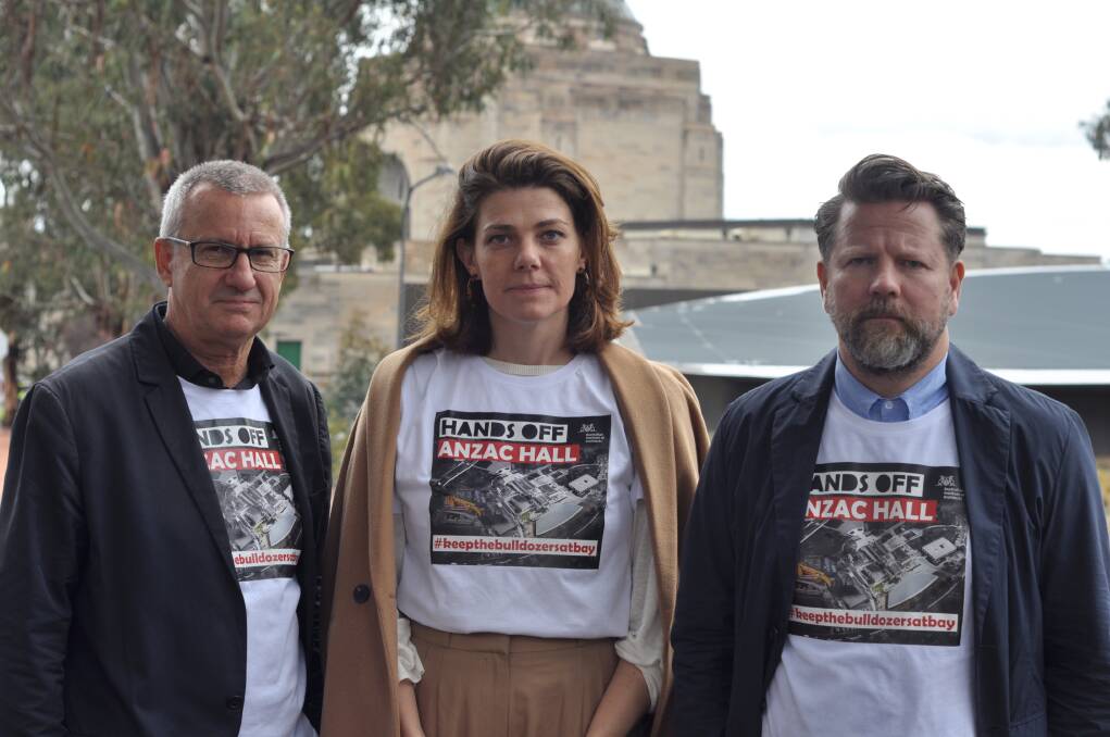 Denton Corker Marshall design director Adrian FitzGerald, Australian Institute of Architects president Clare Cousins and radio personality Tim Ross have called on the Australian War Memorial to abandon the plan to demolish Anzac Hall. Photo: Fiona Benson