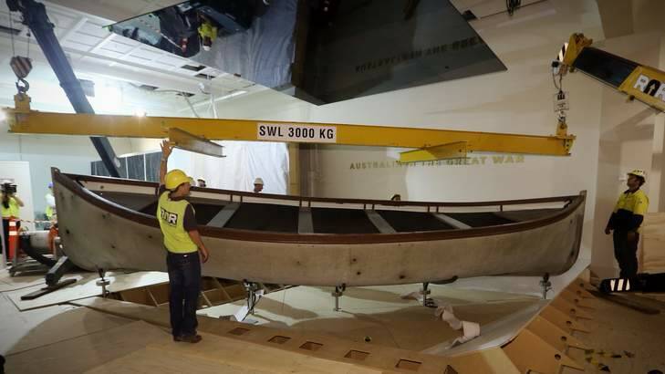 The steel lifeboat from HMT Ascot used in the landings at Gallipoli by 13 Battalion AIF is installed in the refurbished First World War gallery at the Australian War Memorial. Photo: Andrew Meares