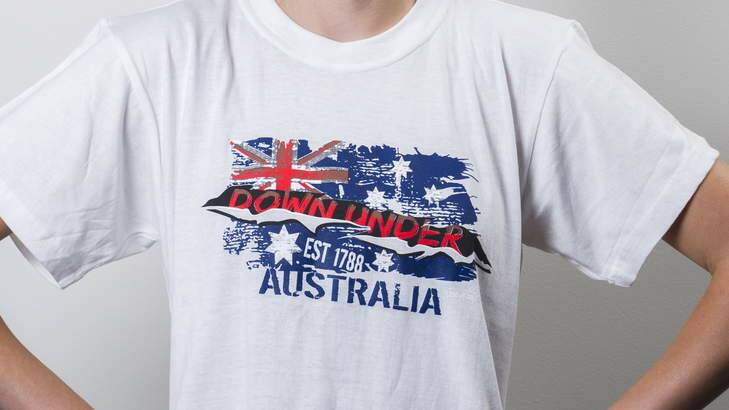 An Australia Day T-shirt, purchased in a Canberra store, sporting the "est 1788" words which have been labelled as racist, and caused Aldi and Big W to remove similar shirts from their shelves. Photo: Rohan Thomson