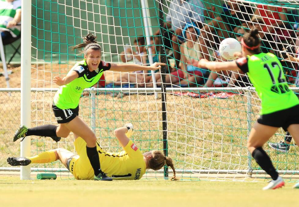 Canberra United defender Rebecca Kiting celebrates her first W-League goal in Sunday's 3-0 win against the Western Sydney Wanderers at McKellar Park. Photo: Stefan Postles