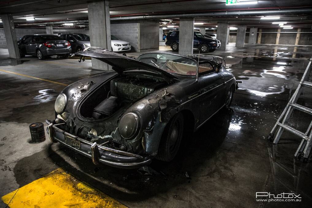 A Porsche Speedster caught fire in the basement car park at Realm Quarters on Tuesday night. Photo: Ben Appleton