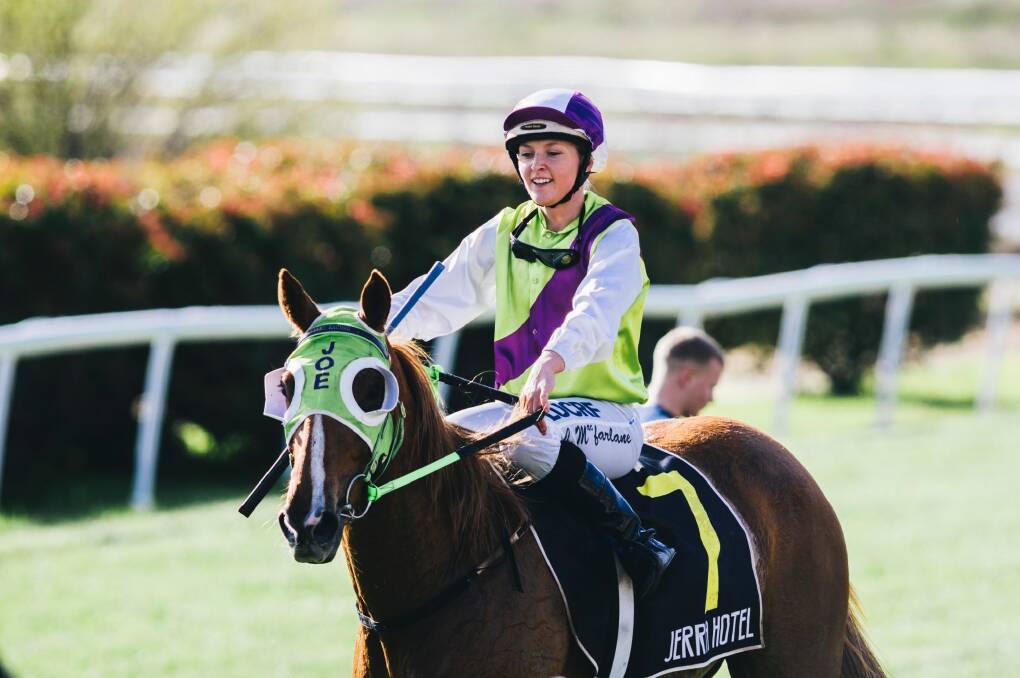 Chelsea Macfarlane took out the Ritchie Bensley Handicap (1000m) on board Meet Miss Dolly at Queanbeyan on Monday. Photo: Rohan Thomson