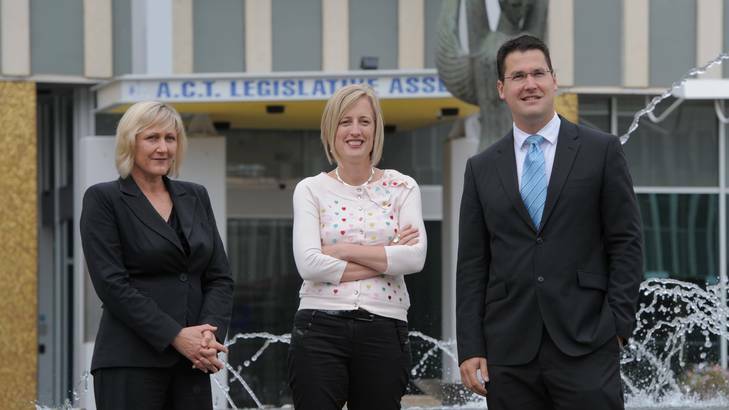 Greens Convener Meredith Hunter, left, Labor leader and Chief Minister Katy Gallagher and Liberal Opposition leader Zed Seselja. Photo: Graham Tidy