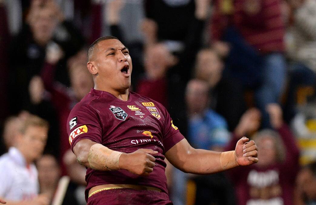 Josh Papalii celebrates after his try for Queensland in Origin III this year.  Photo: Bradley Kanaris 