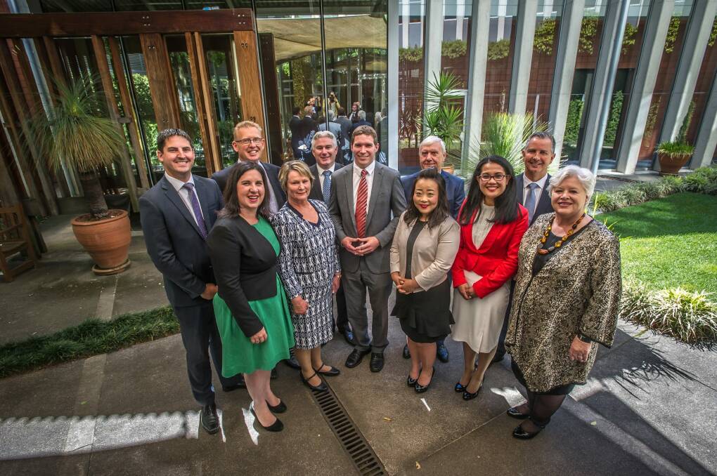 The new shadow ministry (back from left): Andrew Wall, Mark Parton, James Milligan, Alistair Coe, Steve Doszpot; (from front left) Giulia Jones, Nicole Lawder, Alistair Coe, Elizabeth Lee, Elizabeth Kikkert and Vicki Dunne. Photo: Karleen Minney