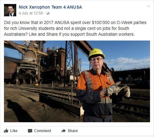Adelaide senator Nick Xenophon has warned ANU students to take down a Facebook page using his likeness and pretending to fight for South Australian jobs. Photo: Supplied