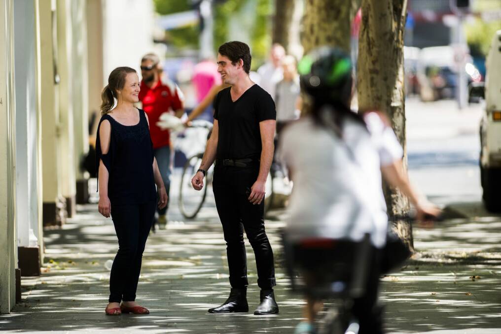 Alice O'Leary and Adam Gavin outside the Sydney building in Canberra. Photo: Rohan Thomson