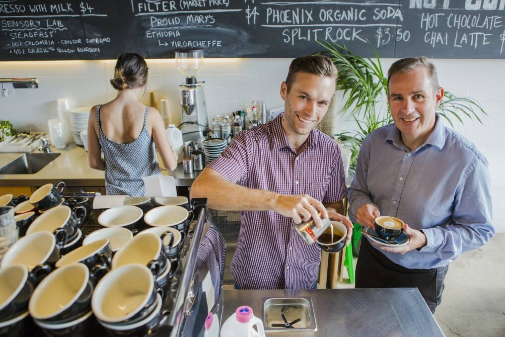 Lava Espresso Bar owner Lincoln Fairleigh and Heart Foundation ACT chief executive Tony Stubbs: The LiveLighter ACT Campaign found "skinny" is not a standard industry term in Canberra. Photo: Jamila Toderas