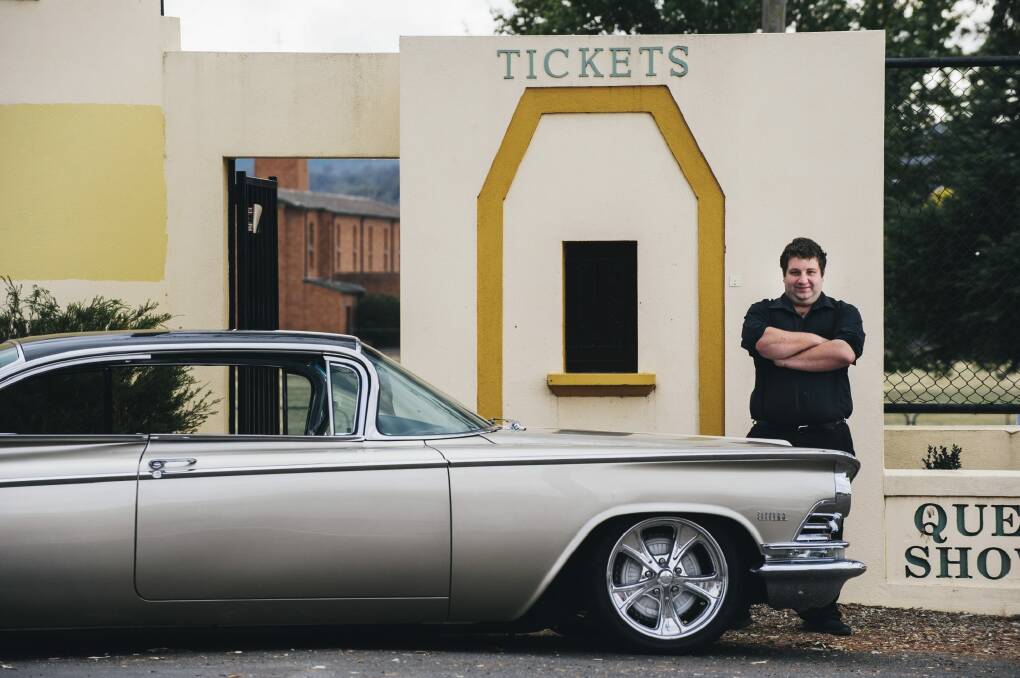 Kyol Booth-Hunt outside the Queanbeyan Showground with a 59 Buick Electra. He is starting a drive in movie theatre at the ground, opening with Grease. Photo: Rohan Thomson