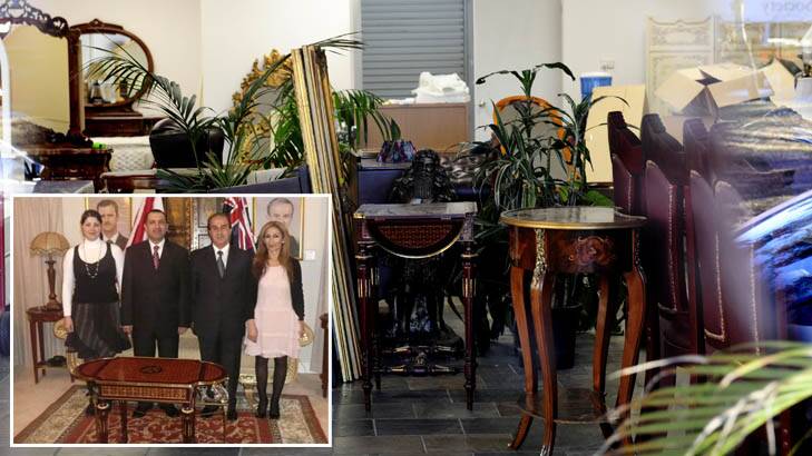 Furniture for sale at the shop in Phillip, including a table, centre, with folding wings, which appears in a photo, inset, taken from the Syrian embassy's website. <i>Main</i> Photo: Melissa Adams