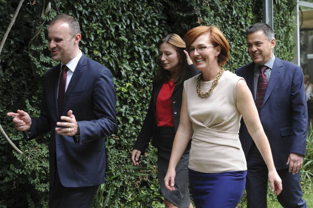 Chief Minister Andrew Barr with ministers Yvette Berry, Meegan Fitzharris and Chris Bourke. Photo: Graham Tidy