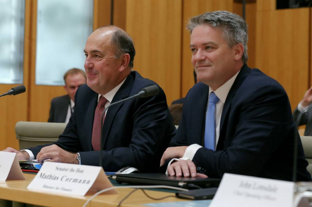 The (now former) Treasury secretary John Fraser with Finance Minister Mathias Cormann. Photo: Alex Ellinghausen