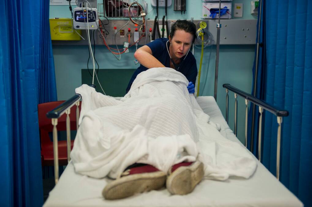 Dr Clare Foss treats a patient in the emergency department at Calvary Hospital.  Photo: Jay Cronan