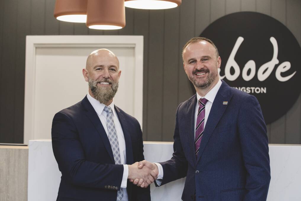 ACT Chief Minister Andrew Barr, and founder and managing director of Geocon, Nick Georgalis at the opening of Abode Kingston on Friday.  Photo: Jamila Toderas