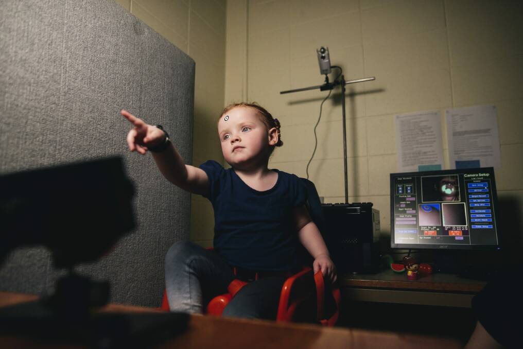 Mikaela Arthur, aged 30 months, is taking part in an Australian National University research project into how toddlers learn words. Photo: Rohan Thomson