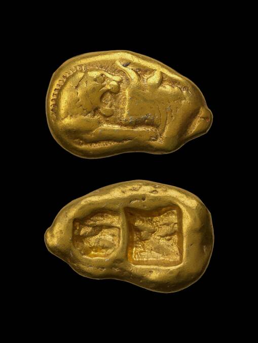 Gold Coin of Croesus About 550 BCE, minted in Lydia (modern Turkey). Photo: British Museum, National Museum of Australia