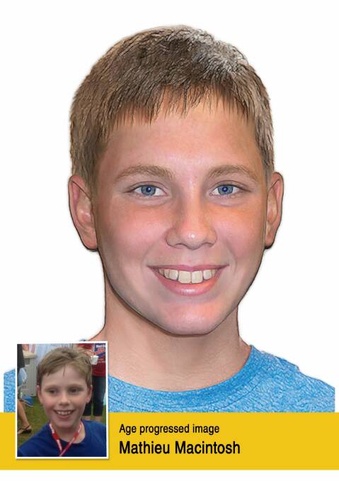 Mathieu-Pierre Macintosh, who was last seen by his father in September 2013, abducted by his mother who is believed to be in France or Belgium. He was last seen by his father when he was nine. An aged-progressed photograph shows what he would look like now at 13. Photo: Supplied