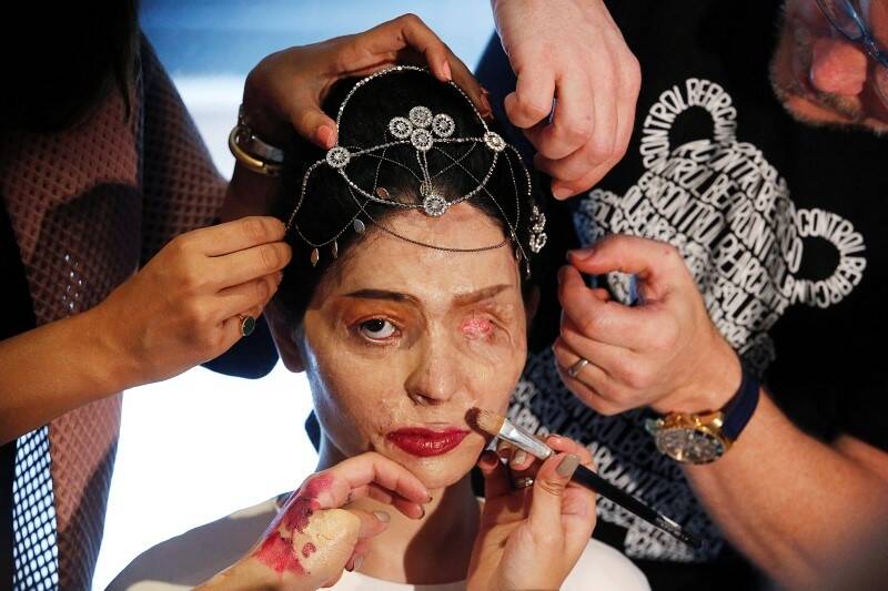 Reshma Quereshi preparing for her appearance at NYFW.  Photo: Lucas Jackson/Reuters