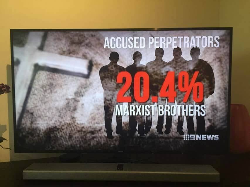 Nine's Canberra bulletin got off to a rocky start on Monday with this graphic labelled "Marxist'' Brothers rather than "Marist'' Brothers. Photo: Supplied