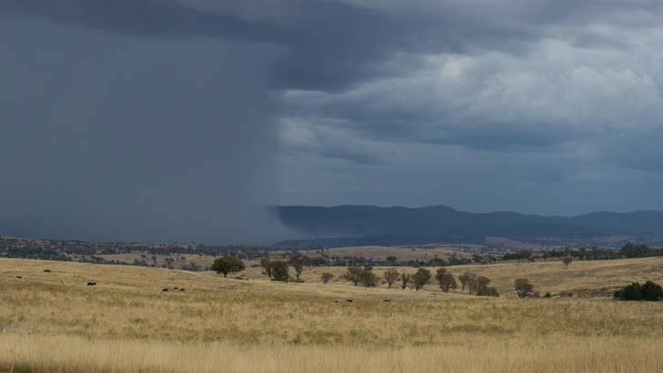 A storm cell begins to move into northern Canberra, bringing heavy rain, lightning, and strong winds. Photo: Tim Hughes