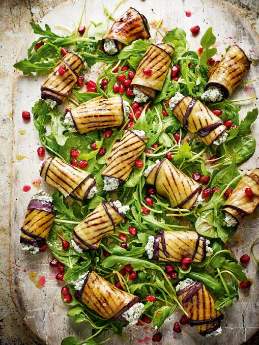 Char-grilled eggplant and feta rolls, from Road to Mexico, by Rick Stein.  Photo: Supplied