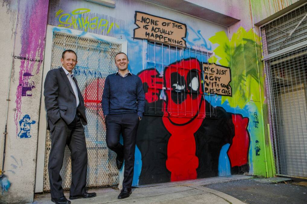 All smiles: Minister Shane Rattenbury and ACT Chief Minister Andrew Barr.
 Photo: Jamila Toderas