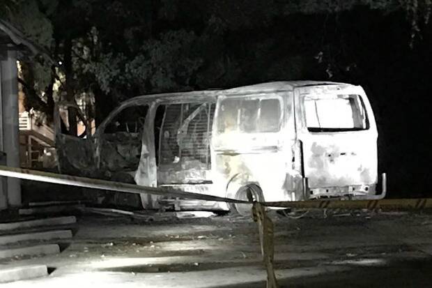 The van that drove into the Australian Christian Lobby's headquarters and exploded in Canberra, Photo: Lyle Shelton, Twitter