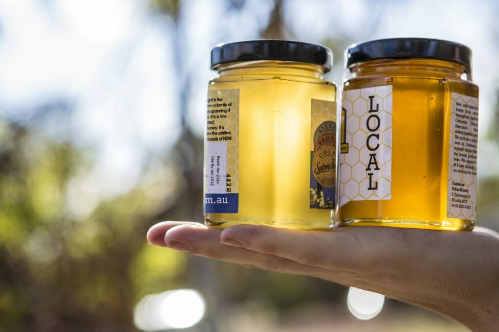 Yellow box honey at left and Ainslie yellow box honey, from other sources as well as the eucalypt, which causes the darker colour. Photo: Jamila Toderas